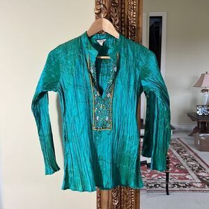 Women’s Indian Hand-Embroidered Kurti Tunic Top Size Small Teal Long